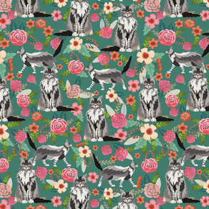 maine coon floral fabric - green