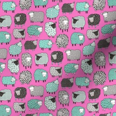 Sheep Geometric Patterned Black & White Grey  Mint Green on Dark Pink Tiny Small 1 inch