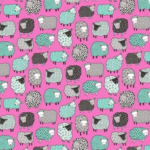 Sheep Geometric Patterned Black & White Grey  Mint Green on Dark Pink Tiny Small 1 inch