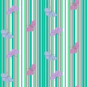 Hand Drawn Holly Blue Butterflies on Mint Julep Stripes - 4 inch repeat