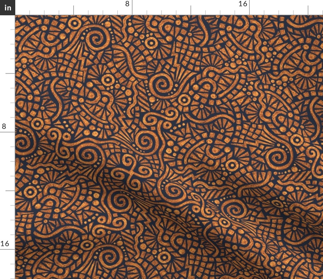 batik doodles in autumn gold and copper on navy