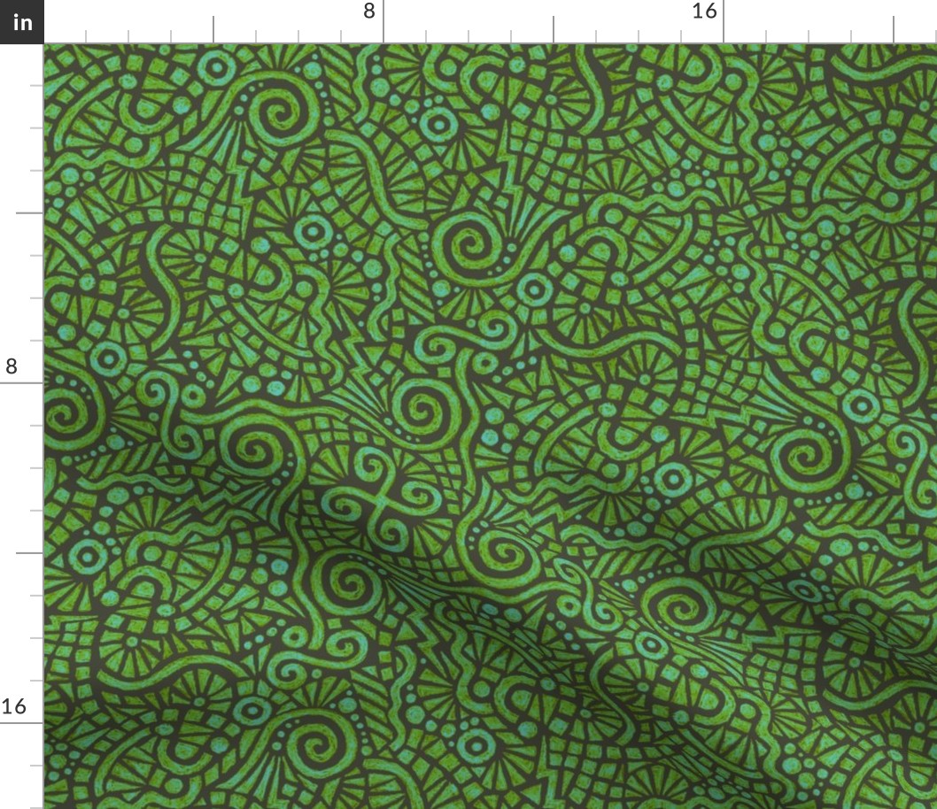 batik doodles in leaf green and light blue on khaki