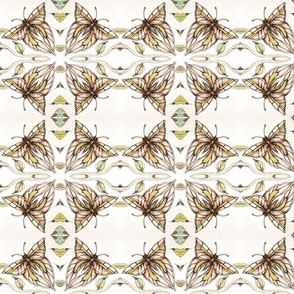 Butterflies in Soft brown with green leaves abstract design.