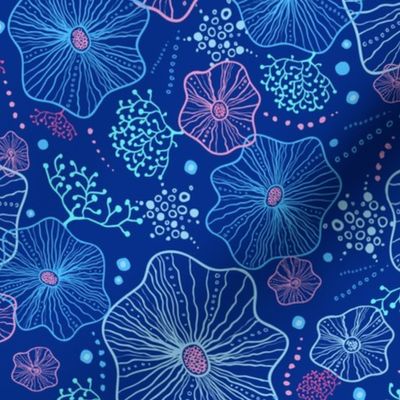 Underwater nature doodle- blue repeat pattern