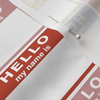 cut-and-sew 'Hello my name is' labels in a grid - mustard / rust red / muted pink / slate blue
