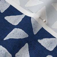 Block Print Triangles on Indigo Blue (xl scale) | Pinwheel triangles from hand carved block, white on deep navy blue.