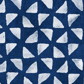 Block Print Triangles on Indigo Blue (xl scale) | Pinwheel triangles from hand carved block, white on deep navy blue.