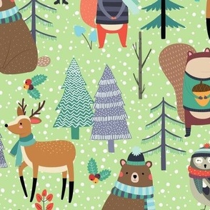 XL Winter Woodland Animals - Winter Snow Forest Animals, Bears Deer Fox Owl Kids Design (apple green)