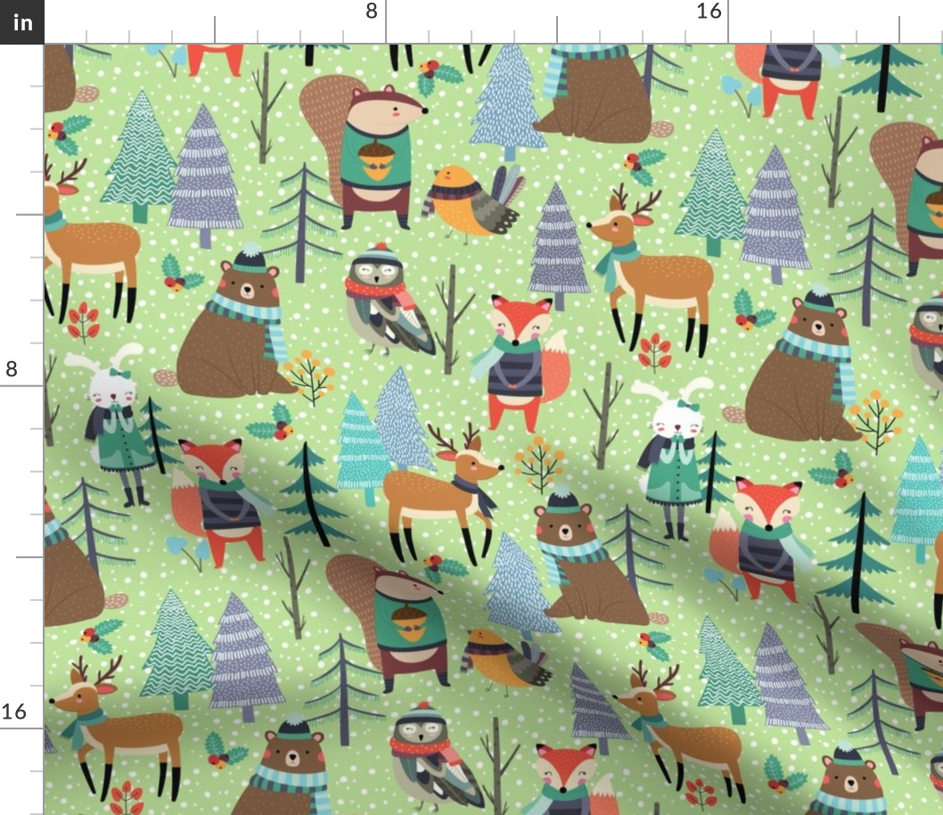 XL Winter Woodland Animals - Winter Snow Forest Animals, Bears Deer Fox Owl Kids Design (apple green)