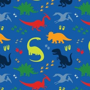 colorful dinosaurs on blue 
