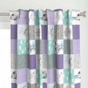 Purple + Mint Elephant Quilt Fabric – Baby Girl Patchwork Cheater Quilt Blocks - AE, ROTATED