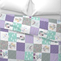 Purple + Mint Elephant Quilt Fabric – Baby Girl Patchwork Cheater Quilt Blocks - AE, ROTATED