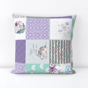 Purple + Mint Elephant Quilt Fabric – Baby Girl Patchwork Cheater Quilt Blocks - AE, ROTATED