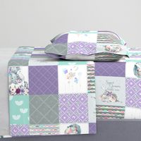 Purple + Mint Elephant Quilt Fabric – Baby Girl Patchwork Cheater Quilt Blocks - AE, ROTATED