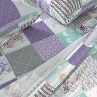 Purple + Mint Elephant Quilt Fabric – Baby Girl Patchwork Cheater Quilt Blocks - AE, ROTATED