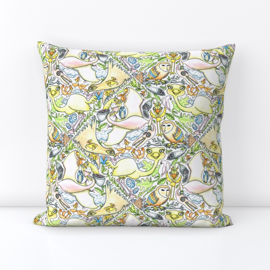 large birds, small birds and pterodactyl tiles, large scale, white, yellow, green, blue, orange, gray, black, pink