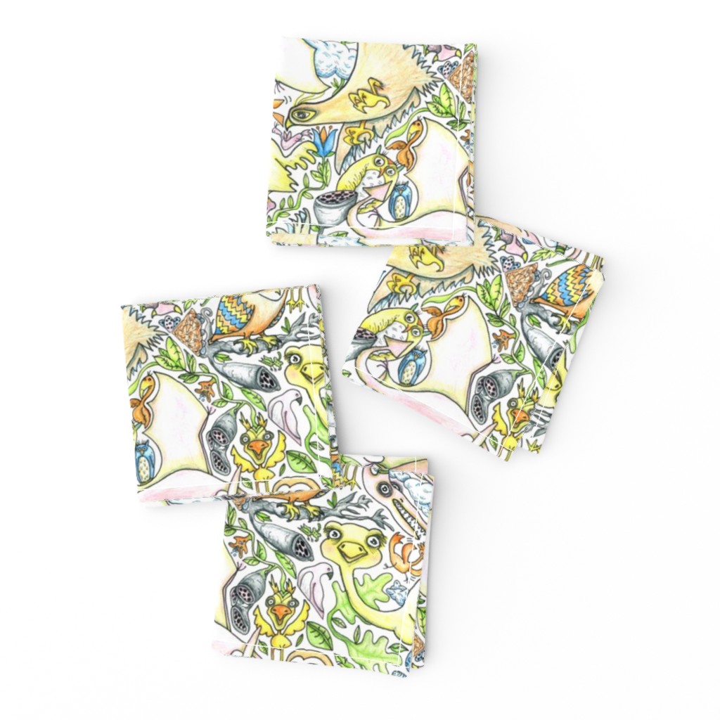 large birds, small birds and pterodactyl tiles, large scale, white, yellow, green, blue, orange, gray, black, pink