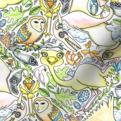 large birds, small birds and pterodactyl tiles, large scale, white, yellow, green, blue, orange, gray, black, pink