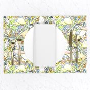 large birds, small birds and pterodactyl tiles, large scale, white, yellow, green, blue, orange, gray, black, pink