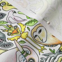 large birds, small birds and pterodactyl tiles, large scale, white, yellow, green, blue, orange, gray, black, pink
