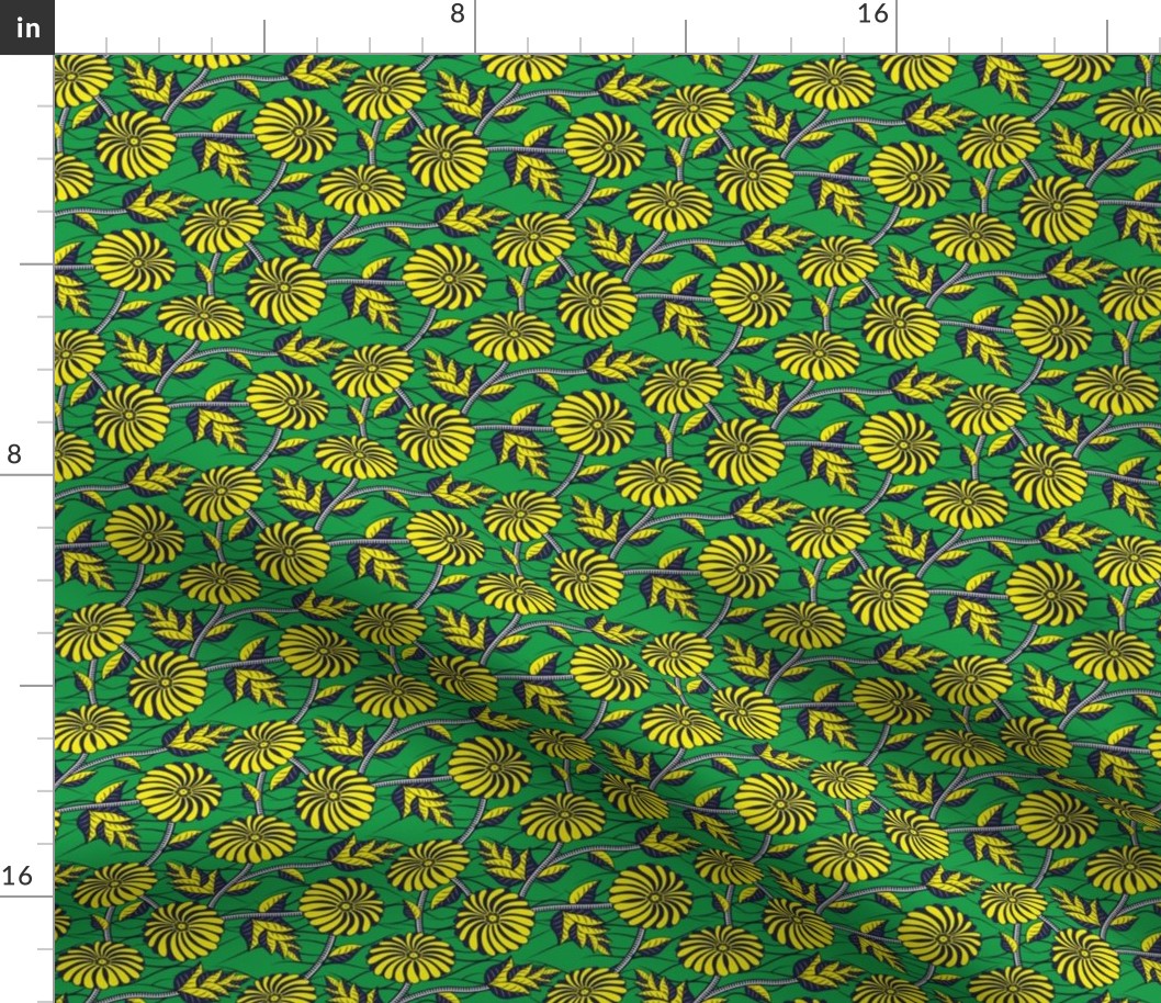 African Wax Print Flowers Green and Yellow