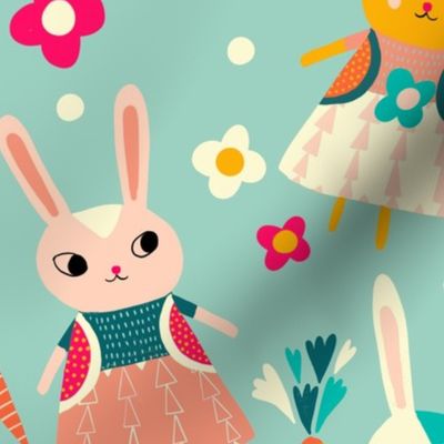 bunny dolls with carrots // light blue // medium scale