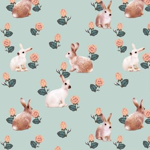 Bunnies in Autumn Roses Dusty Blue