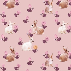 Bunnies in Autumn Roses Dusty Pink