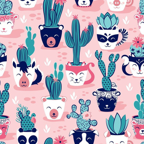 Normal scale // Cacti and succulents cuddly pots // pink background navy white and rose animal vessels green teal cactus 