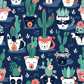 Normal scale // Cacti and succulents cuddly pots // marine blue background navy white and terracota animal vessels green sage cactus 