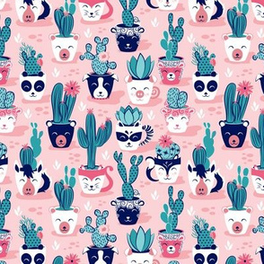 Tiny scale // Cacti and succulents cuddly pots // pink background navy white and rose animal vessels green teal cactus 