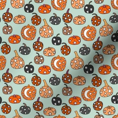 SMALL night sky pumpkins - stars and moon mystical halloween fabric - mint