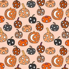 SMALL night sky pumpkins - stars and moon mystical halloween fabric - peach