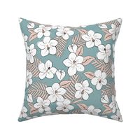 Boho hibiscus blossom and palm leaves Hawaii tropical summer garden nursery soft blue blush pink