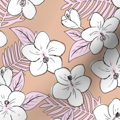 Boho hibiscus blossom and palm leaves Hawaii tropical summer garden nursery latte beige soft pink