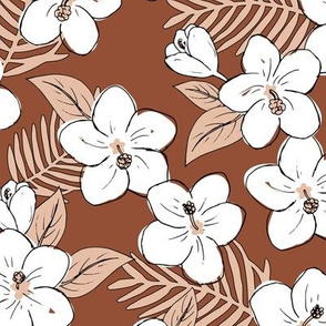 Boho hibiscus blossom and palm leaves Hawaii tropical summer garden nursery rust brown beige latte neutral