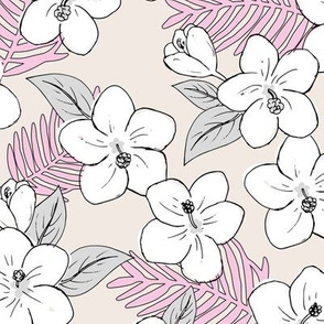 Boho hibiscus blossom and palm leaves Hawaii tropical summer garden nursery sand beige pink gray girls