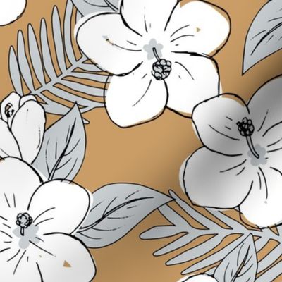 Boho hibiscus blossom and palm leaves Hawaii tropical summer garden nursery white cinnamon brown gray