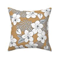 Boho hibiscus blossom and palm leaves Hawaii tropical summer garden nursery white cinnamon brown gray