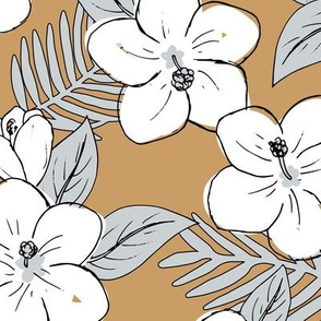 Boho hibiscus blossom and palm leaves Hawaii tropical summer garden nursery white cinnamon brown gray