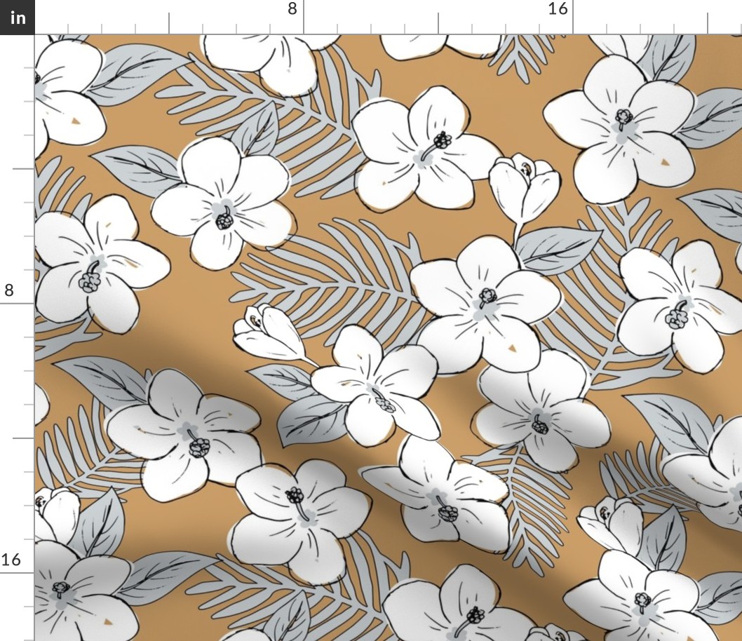 Boho hibiscus blossom and palm leaves Hawaii tropical summer garden nursery white cinnamon brown gray