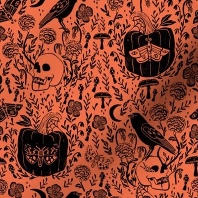 halloween linocut fabric - poe, skull, pumpkin, nevermore - orange