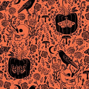 halloween linocut fabric - poe, skull, pumpkin, nevermore - orange