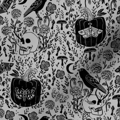 halloween linocut fabric - poe, skull, pumpkin, nevermore - grey
