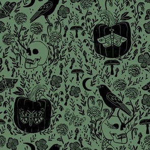 halloween linocut fabric - poe, skull, pumpkin, nevermore - green