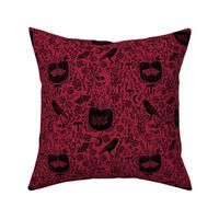halloween linocut fabric - poe, skull, pumpkin, nevermore - burgundy