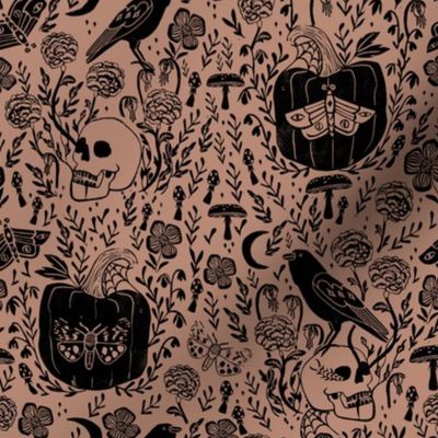 halloween linocut fabric - poe, skull, pumpkin, nevermore -cafe