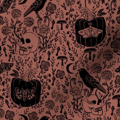 halloween linocut fabric - poe, skull, pumpkin, nevermore - rust