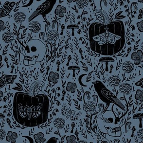 halloween linocut fabric - poe, skull, pumpkin, nevermore - dusty dark blue