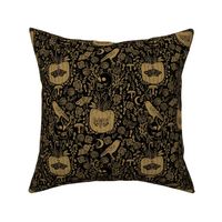 halloween linocut fabric - poe, skull, pumpkin, nevermore - black and gold